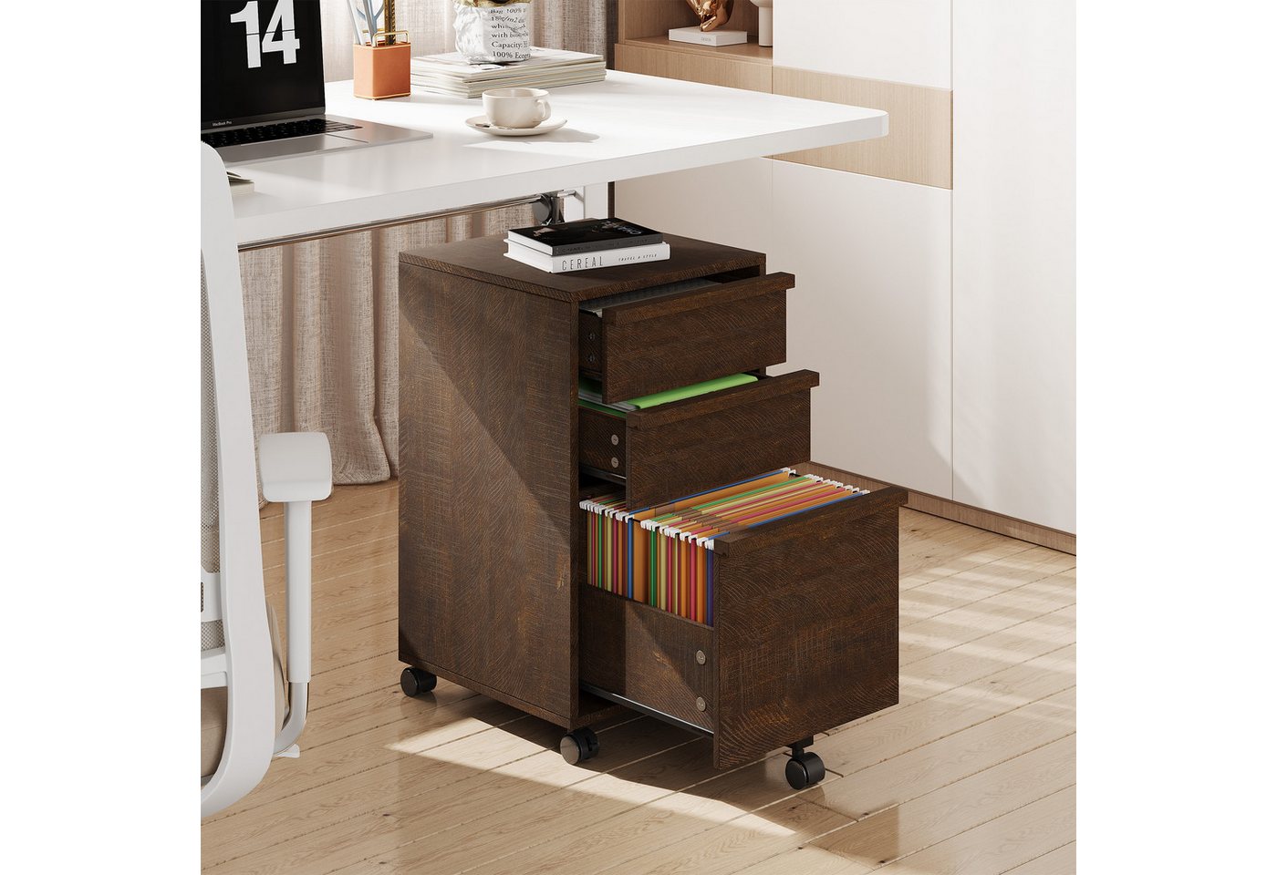 GarveeMore Aktenschrank Rollbarer Computerschrank mit 3 Schubladen Container Stauraumschrank (1-St) 67cm hoch Beistellschrank Druckerstand auf Rollen Mehrzweckschrank Bild 5