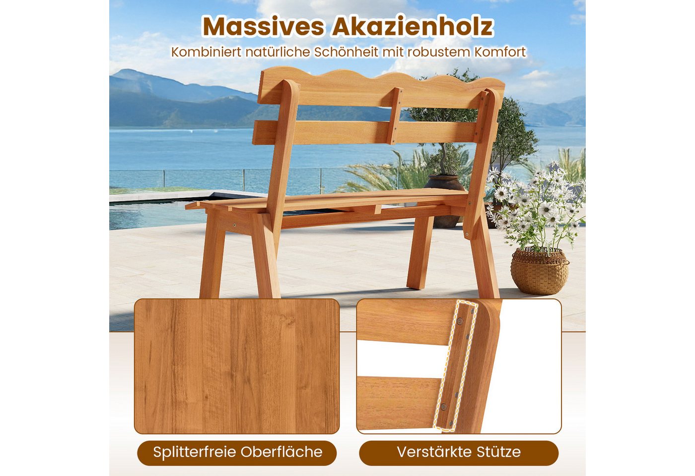 COSTWAY Gartenbank, Akazienholz wetterfest Sitzbank 2-Sitzer 360 kg 47,5x105x80cm
