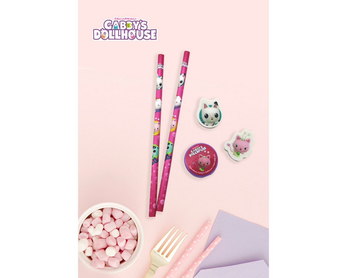 Dreamworks Gabby’s Dollhouse Bleistift Schreibwaren Set 5 teilig 2 Bleistifte 2 Radiergummis Anpitzer, (5-tlg)