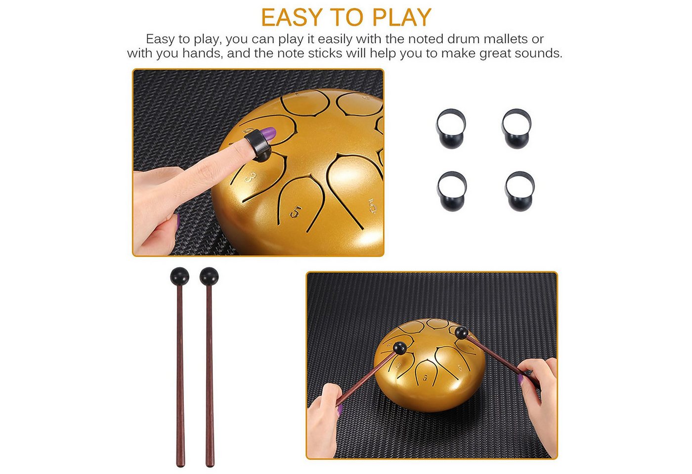 AURIVION Schlauchtrommel Steel Tongue Drum 6 Zoll 8 Töne mit Tragetasche & Schlägeln, (Pet, 9-tlg., Zungentrommel Schlaginstrument mit Notenbuch für Anfänger), Stahlzungentrommel für Yoga Meditation & Klangheilung 8 Töne