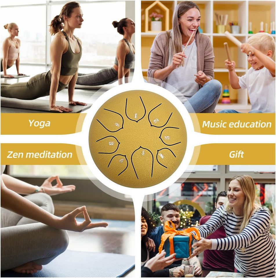AURIVION Schlauchtrommel Steel Tongue Drum 6 Zoll 8 Töne mit Tragetasche & Schlägeln, (Pet, 9-tlg., Zungentrommel Schlaginstrument mit Notenbuch für Anfänger), Stahlzungentrommel für Yoga Meditation & Klangheilung 8 Töne Bild 5