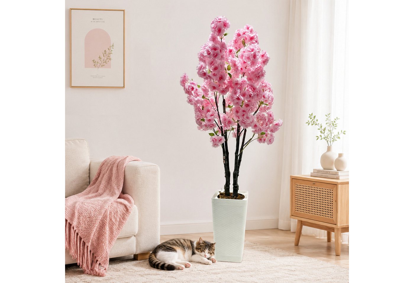 Künstliche Zimmerpflanze 150CM Künstlicher Kirschbaum,PEKunstpflanzeDeko,Rosa Blütennaturgetreu, GarveeMore, Höhe 150 cm, Langlebiges pflegeleicht, für Wohnzimmer, Schlafzimmer, Büro, Hochzeit Bild 3