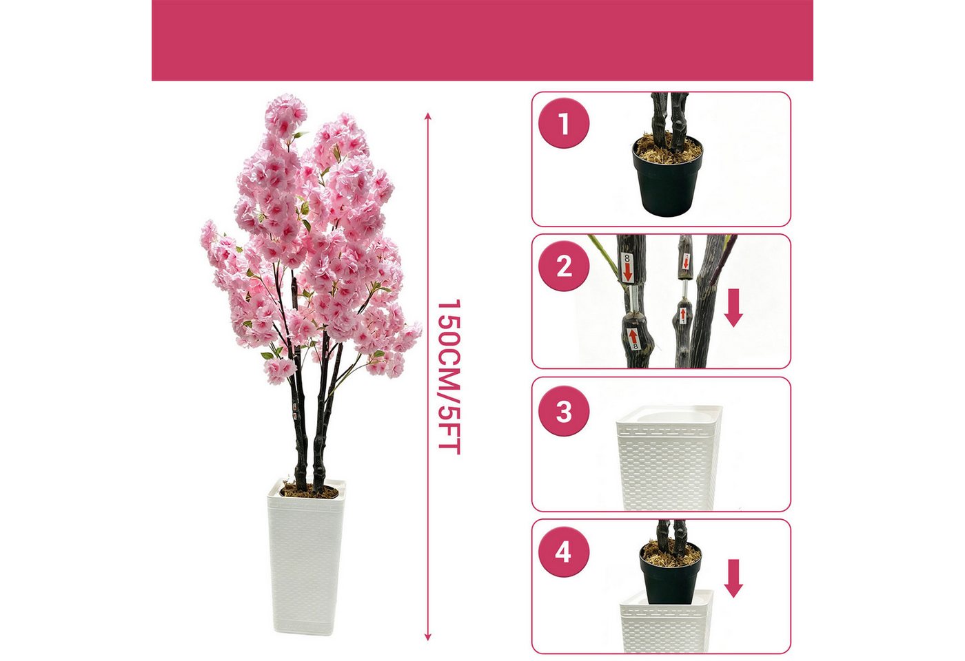 Künstliche Zimmerpflanze 150CM Künstlicher Kirschbaum,PEKunstpflanzeDeko,Rosa Blütennaturgetreu, GarveeMore, Höhe 150 cm, Langlebiges pflegeleicht, für Wohnzimmer, Schlafzimmer, Büro, Hochzeit Bild 5