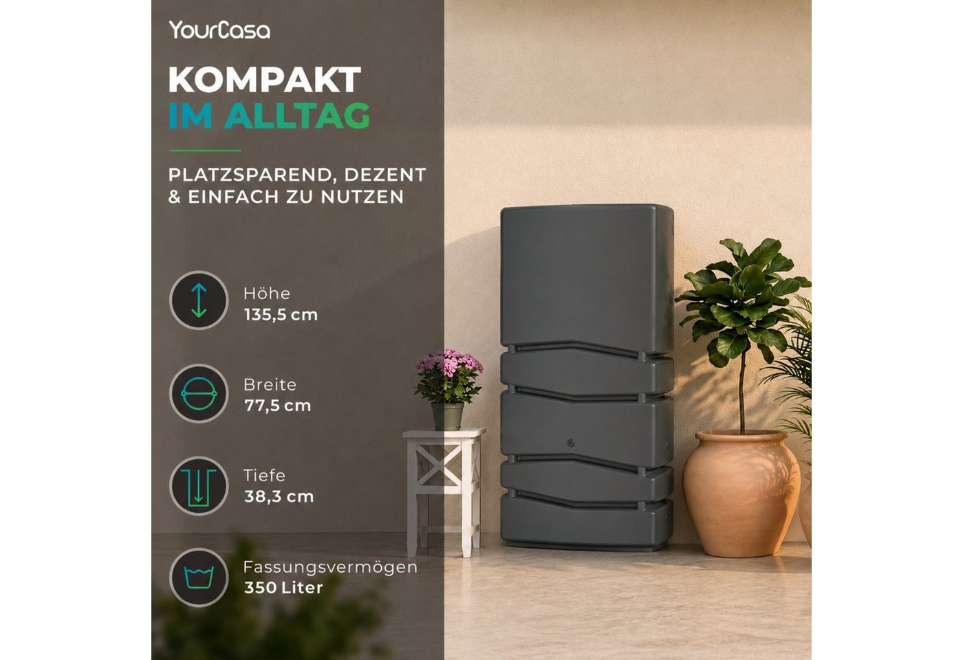 YourCasa Regentonne Eckig 350 Liter [Aqua Silo] XXL Regenfass mit Öffnung und Deckel
