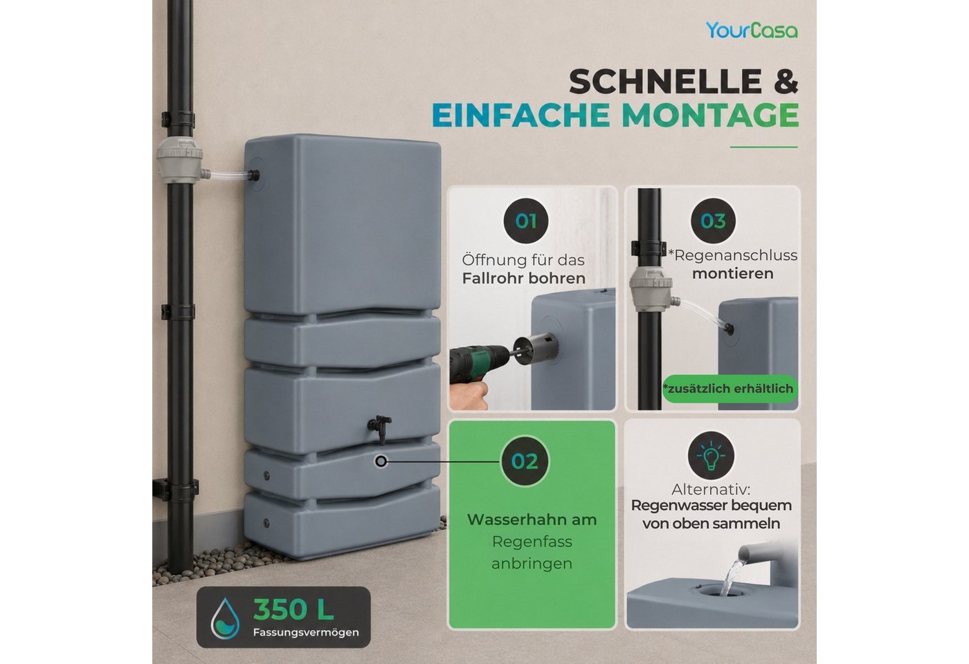 YourCasa Regentonne Eckig 350 Liter [Aqua Silo] XXL Regenfass mit Öffnung und Deckel Bild 2