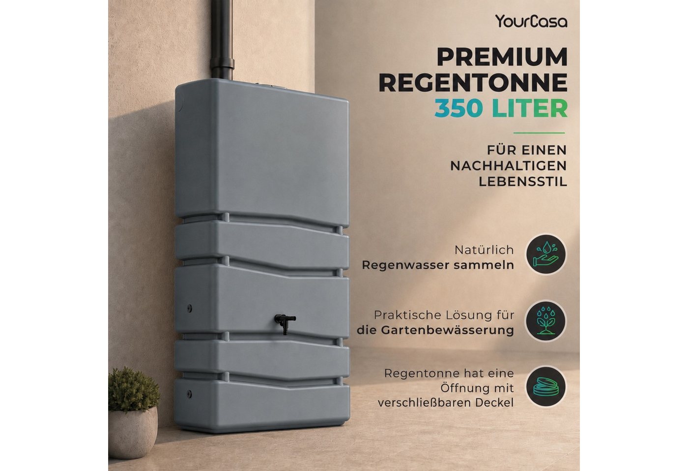 YourCasa Regentonne Eckig 350 Liter [Aqua Silo] XXL Regenfass mit Öffnung und Deckel Bild 3