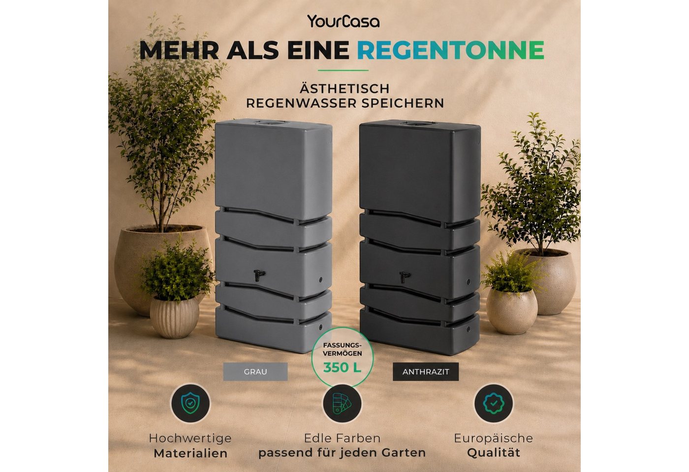 YourCasa Regentonne Eckig 350 Liter [Aqua Silo] XXL Regenfass mit Öffnung und Deckel Bild 5