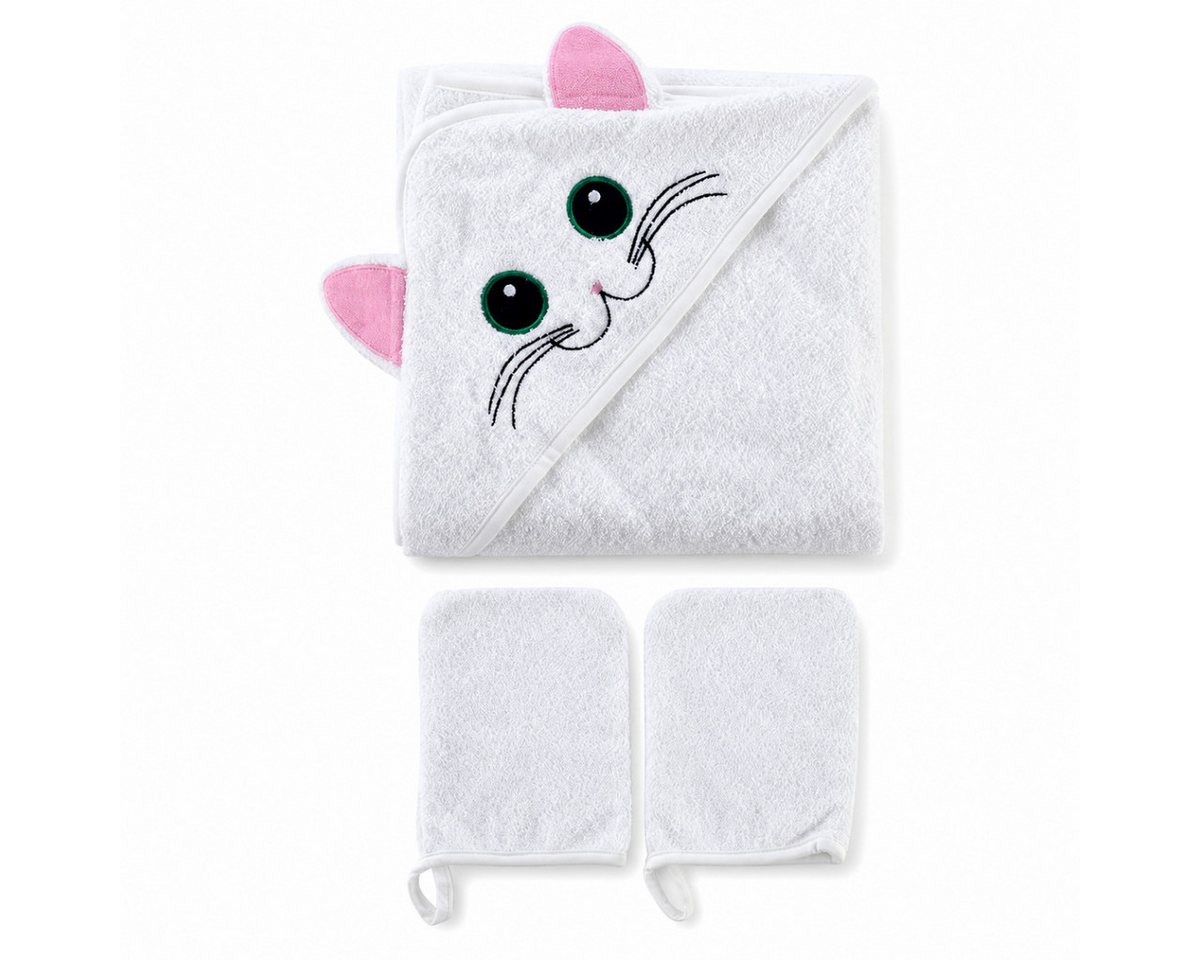 bloomborn Badetuch Baby Badetücher Set mit Kapuzenhandtuch 75x75 cm mit Katzenmotiv