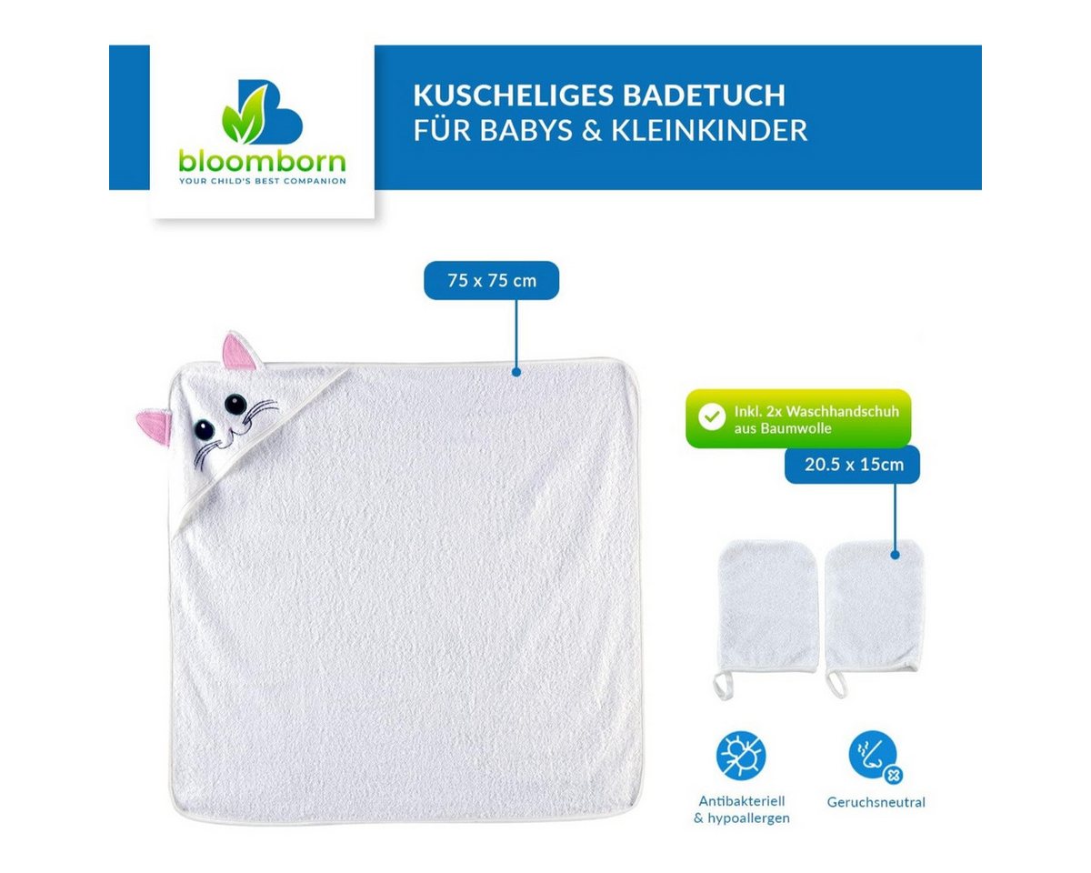 bloomborn Badetuch Baby Badetücher Set mit Kapuzenhandtuch 75x75 cm mit Katzenmotiv Bild 3