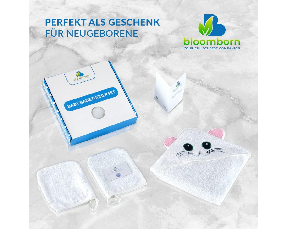 bloomborn Badetuch Baby Badetücher Set mit Kapuzenhandtuch 75x75 cm mit Katzenmotiv Bild 4