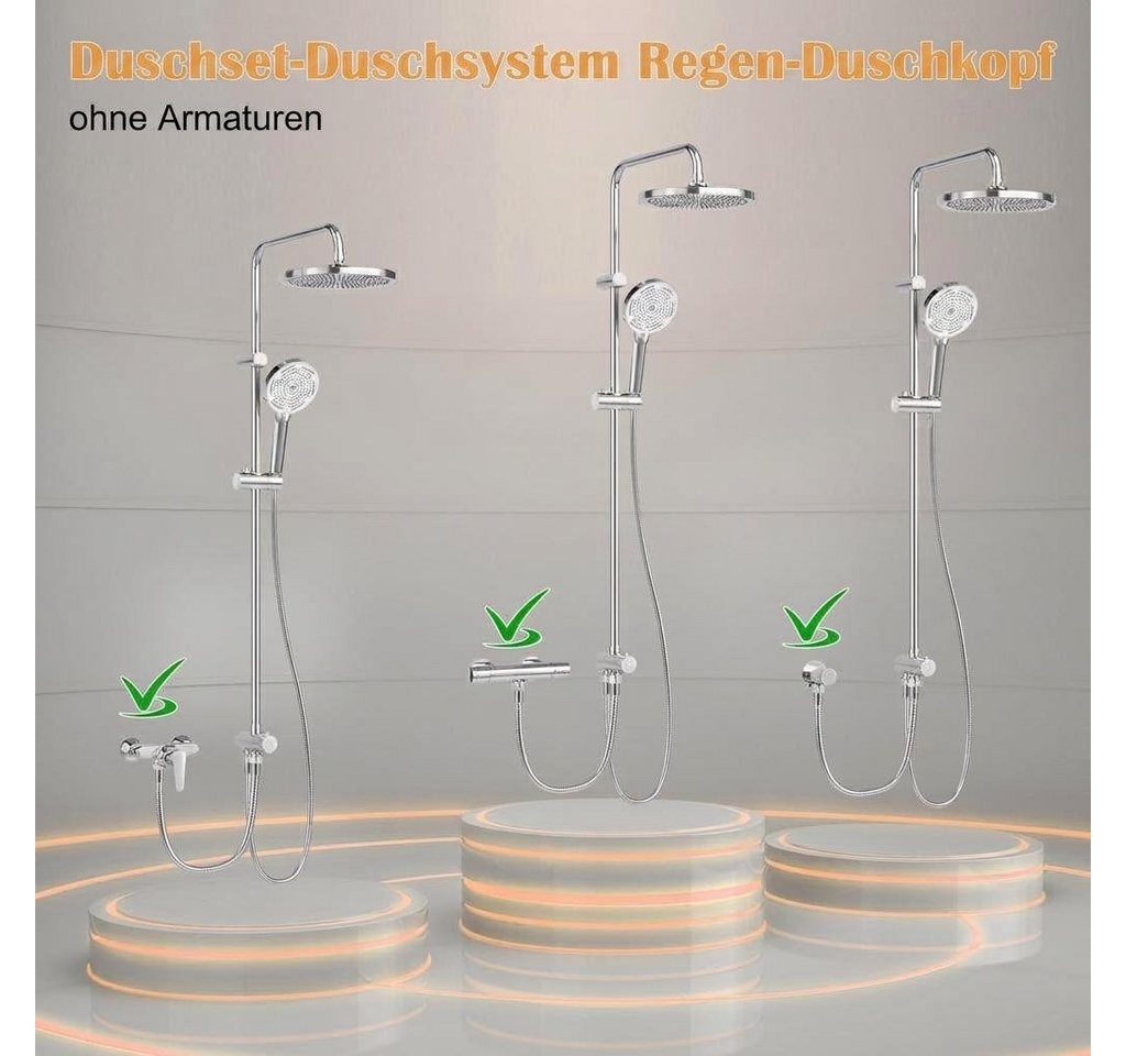 GarveeMore Stangenbrause-Set Modernes Regendusche Duschsystem ohne Armatur – Edelstahl Duschsäule, mit 25 cm Rundkopf, höhenverstellbar – Komplettes Badzubehör Set
