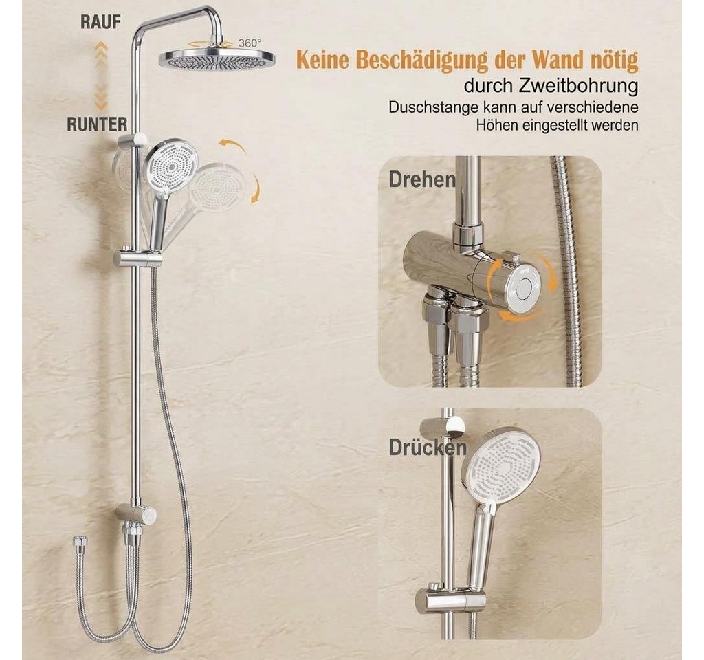 GarveeMore Stangenbrause-Set Modernes Regendusche Duschsystem ohne Armatur – Edelstahl Duschsäule, mit 25 cm Rundkopf, höhenverstellbar – Komplettes Badzubehör Set Bild 4