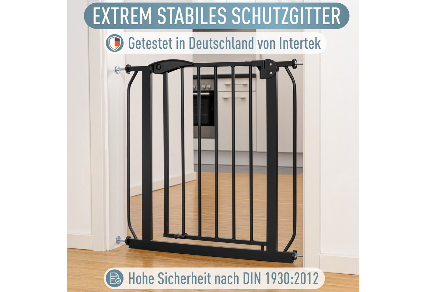 ib style Türschutzgitter Berrin Treppengitter ohne Bohren 58-66 cm schwarz, Getestet in Deutschland, 2-fach Sicherung, Babygitter bis 24 Monaten Bild 2