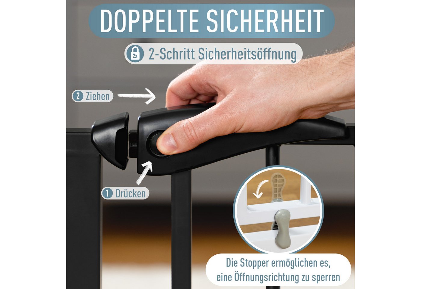 ib style Türschutzgitter Berrin Treppengitter ohne Bohren 58-66 cm schwarz, Getestet in Deutschland, 2-fach Sicherung, Babygitter bis 24 Monaten Bild 3