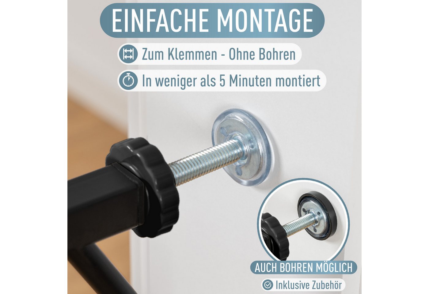 ib style Türschutzgitter Berrin Treppengitter ohne Bohren 58-66 cm schwarz, Getestet in Deutschland, 2-fach Sicherung, Babygitter bis 24 Monaten Bild 4