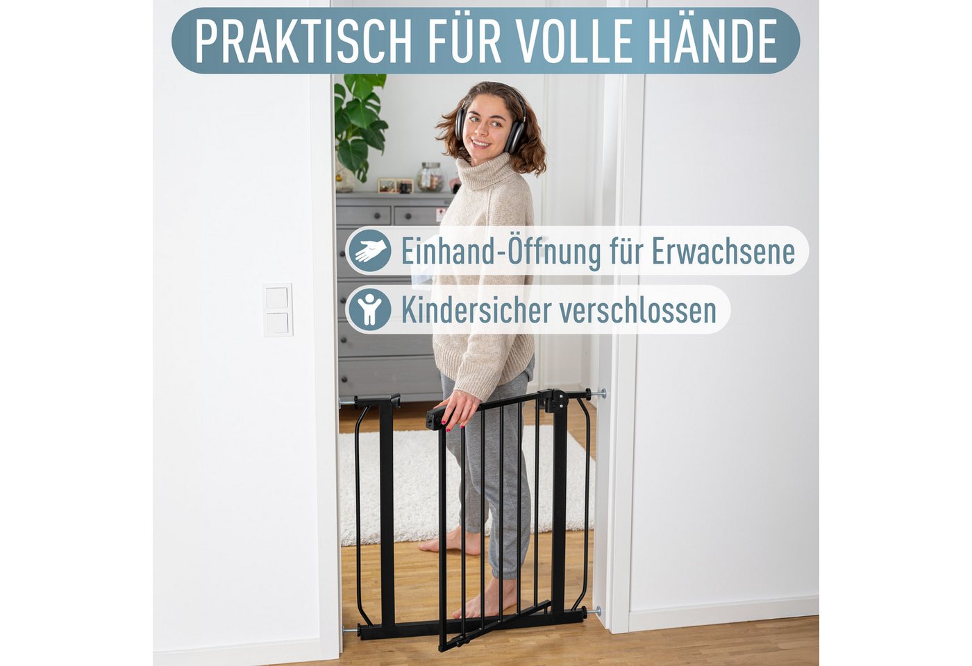 ib style Türschutzgitter Berrin Treppengitter ohne Bohren 58-66 cm schwarz, Getestet in Deutschland, 2-fach Sicherung, Babygitter bis 24 Monaten Bild 5