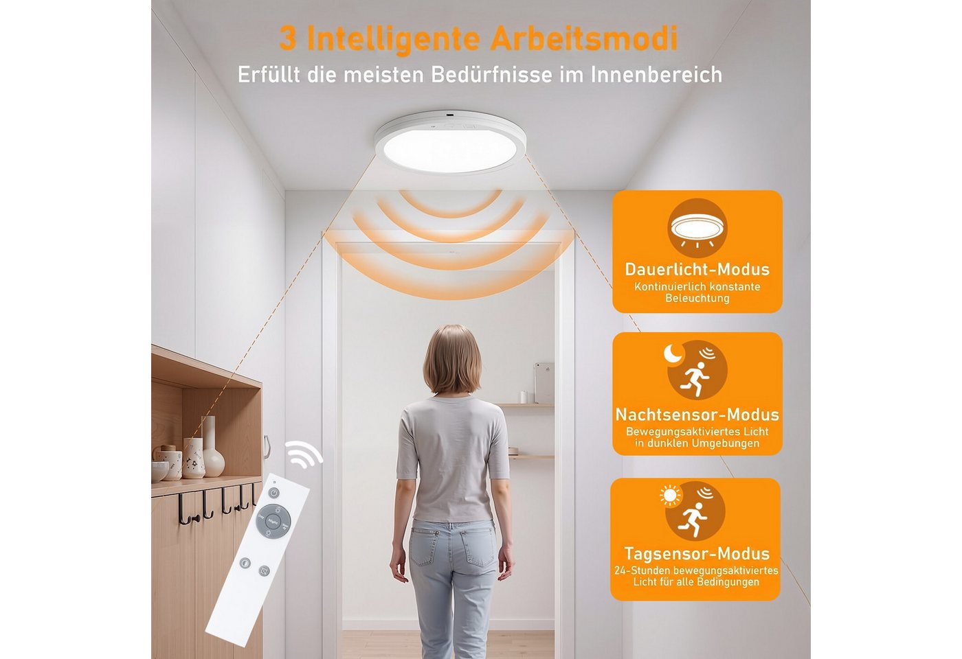 WILGOON Deckenleuchte LED Deckenleuchte mit Bewegungsmelder Magnetische runde Deckenlampe, 3 Modi + 3 Farbtemperaturen, LED fest integriert, Kaltweiß, Warmweiß, Neutralweiß, Rund LED Deckenleuchte Dimmbar Akku für Balkon Flur Garage Treppe Gang Bild 3