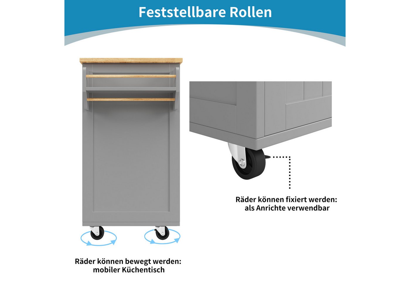 i@home Kücheninsel mit Stauraum, Küchenwagen mit Arbeitsplatte, 102×45×92 cm, 360° drehbare Rollen, Herausnehmbares Weinregal