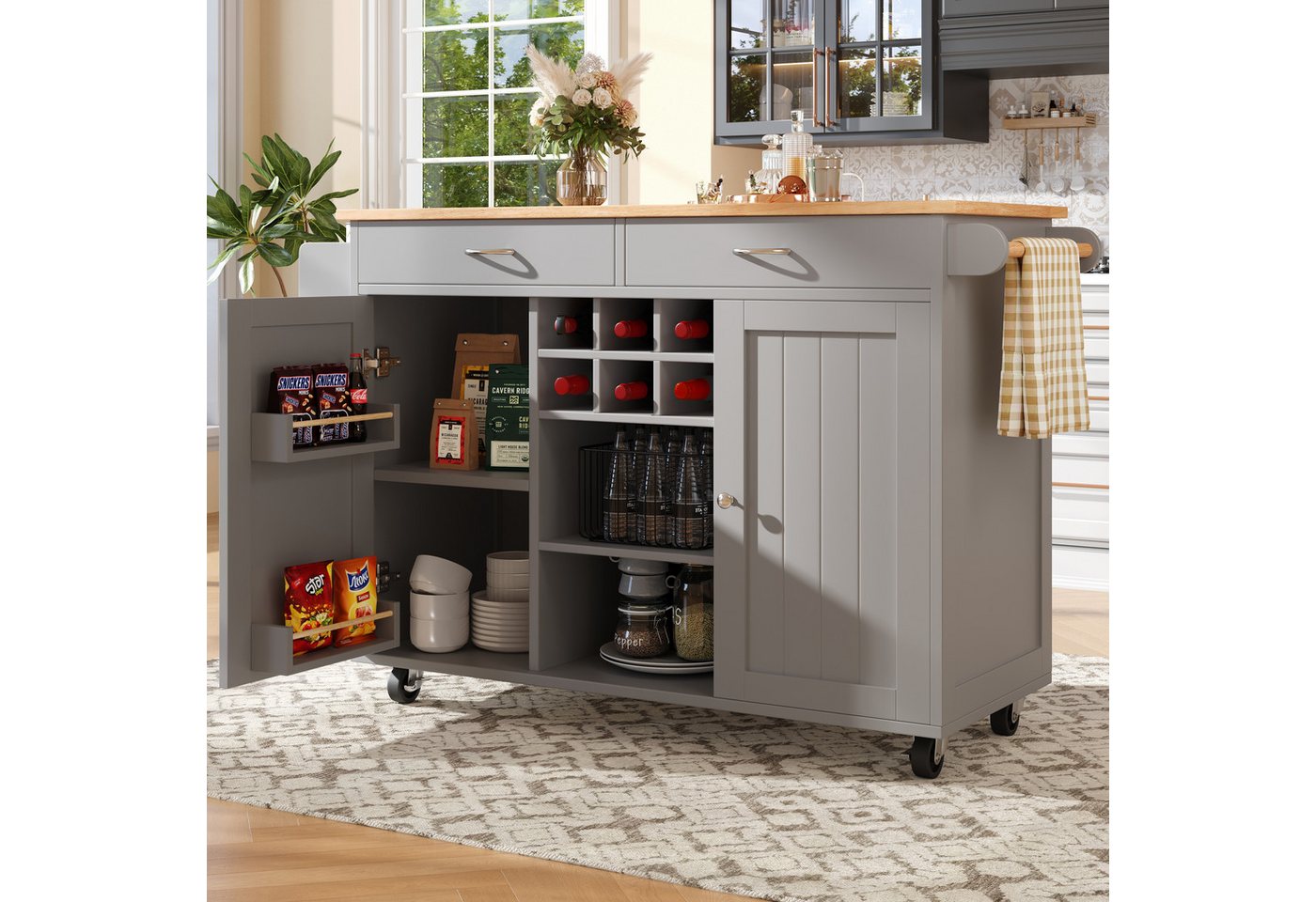 i@home Kücheninsel mit Stauraum, Küchenwagen mit Arbeitsplatte, 102×45×92 cm, 360° drehbare Rollen, Herausnehmbares Weinregal Bild 3