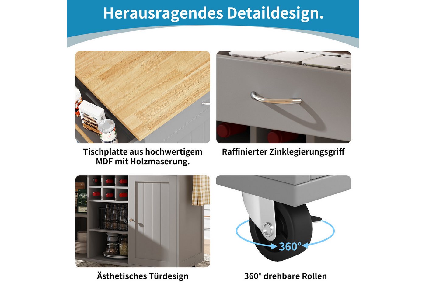i@home Kücheninsel mit Stauraum, Küchenwagen mit Arbeitsplatte, 102×45×92 cm, 360° drehbare Rollen, Herausnehmbares Weinregal Bild 5