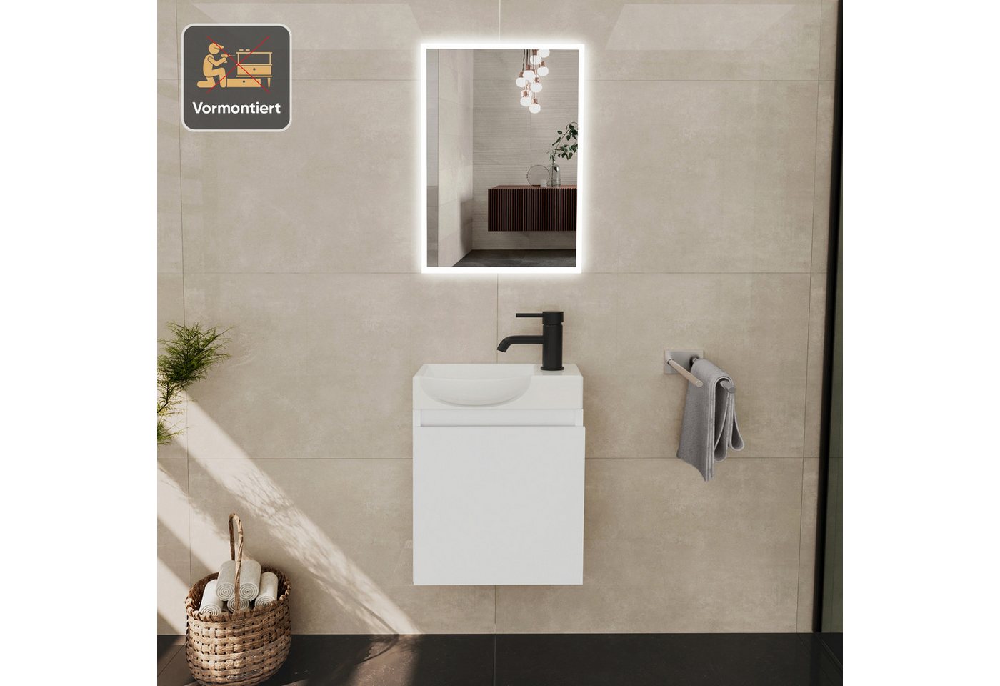 Alpenberger Waschtisch-Set Waschtisch mit Unterschrank hängend 45 cm Gäste WC, (Soft-Close Tür, MDF Weiß, Keramik Becken Links mit Überlauf), Waschbecken mit Unterschrank klein & wandhängend