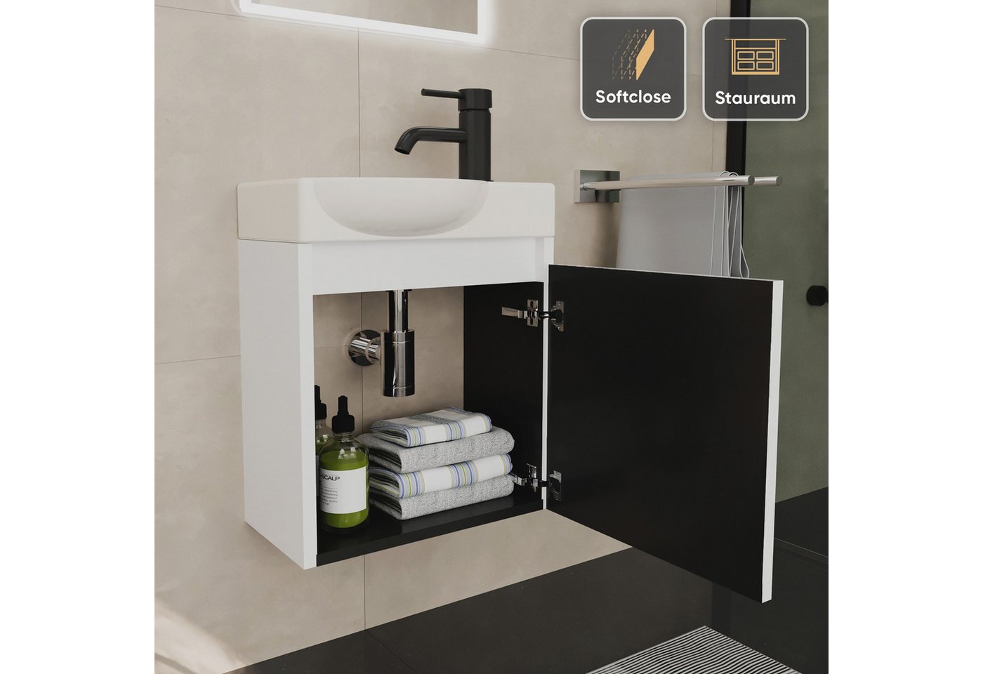 Alpenberger Waschtisch-Set Waschtisch mit Unterschrank hängend 45 cm Gäste WC, (Soft-Close Tür, MDF Weiß, Keramik Becken Links mit Überlauf), Waschbecken mit Unterschrank klein & wandhängend Bild 2