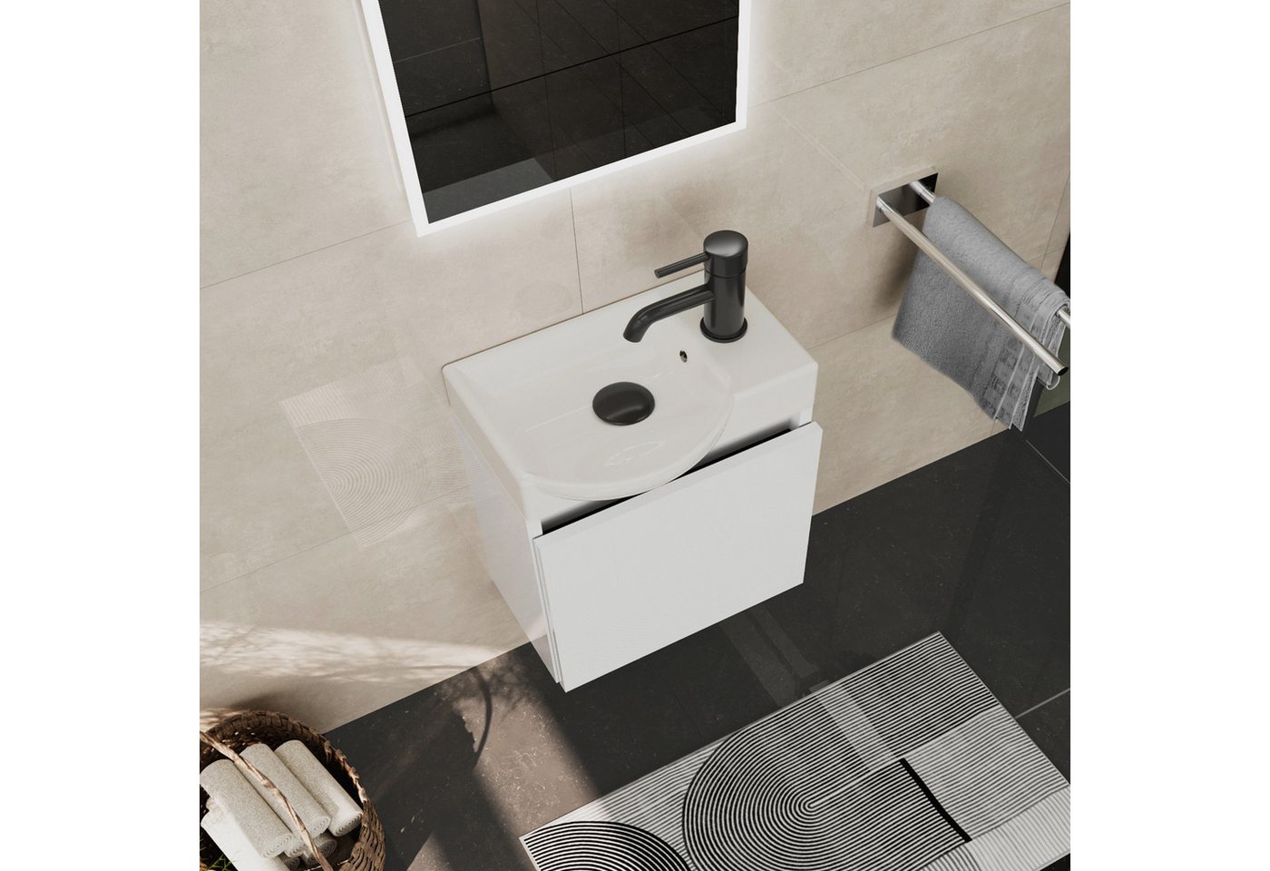 Alpenberger Waschtisch-Set Waschtisch mit Unterschrank hängend 45 cm Gäste WC, (Soft-Close Tür, MDF Weiß, Keramik Becken Links mit Überlauf), Waschbecken mit Unterschrank klein & wandhängend Bild 3