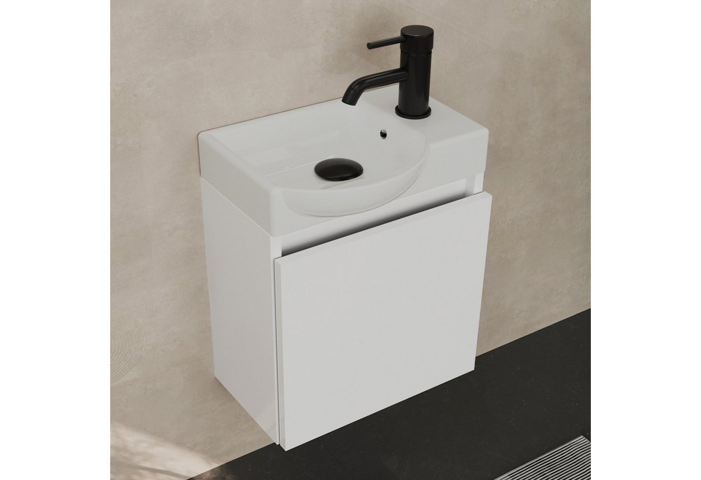 Alpenberger Waschtisch-Set Waschtisch mit Unterschrank hängend 45 cm Gäste WC, (Soft-Close Tür, MDF Weiß, Keramik Becken Links mit Überlauf), Waschbecken mit Unterschrank klein & wandhängend Bild 5