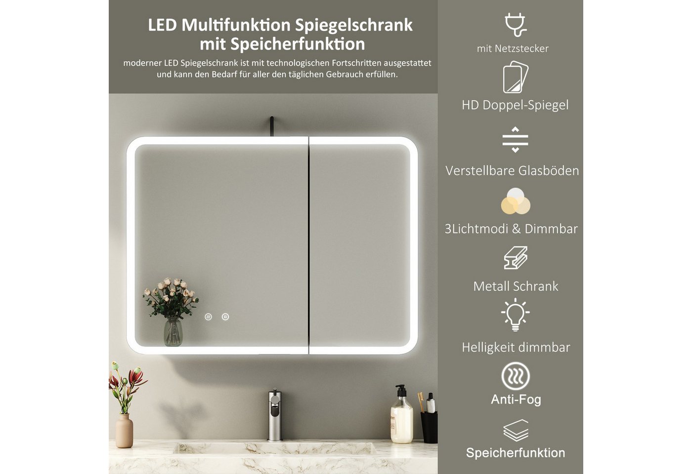 WDWRITTI Spiegelschrank Aluminum Schwarz Badezimmerspiegelschrank 2türig (Badschrank Badspiegelschrank Rechteckig, 80B x 13,5T x 60H cm) mit Netzadapter, vormontiert, Doppel Spiegel