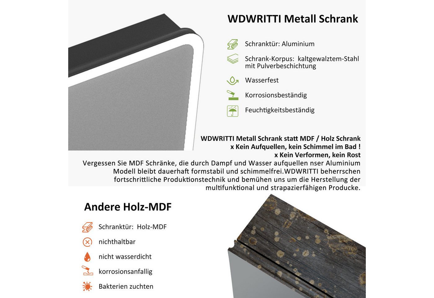 WDWRITTI Spiegelschrank Aluminum Schwarz Badezimmerspiegelschrank 2türig (Badschrank Badspiegelschrank Rechteckig, 80B x 13,5T x 60H cm) mit Netzadapter, vormontiert, Doppel Spiegel Bild 2