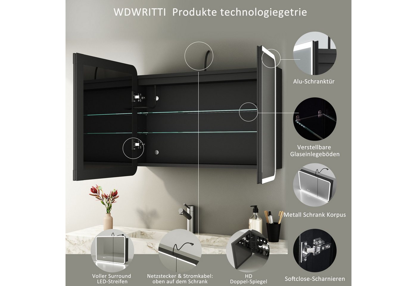 WDWRITTI Spiegelschrank Aluminum Schwarz Badezimmerspiegelschrank 2türig (Badschrank Badspiegelschrank Rechteckig, 80B x 13,5T x 60H cm) mit Netzadapter, vormontiert, Doppel Spiegel Bild 4