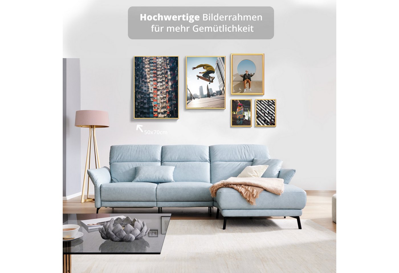 KHG Bilderrahmen 50x70 cm Gold, für 1 Bilder (stabile Glasfront & Kunststoff-Rahmen, 1 St), für Fotos, Poster, Zertifikate & Collagen, Steckanbringung für Hoch- und Querformat Bild 4