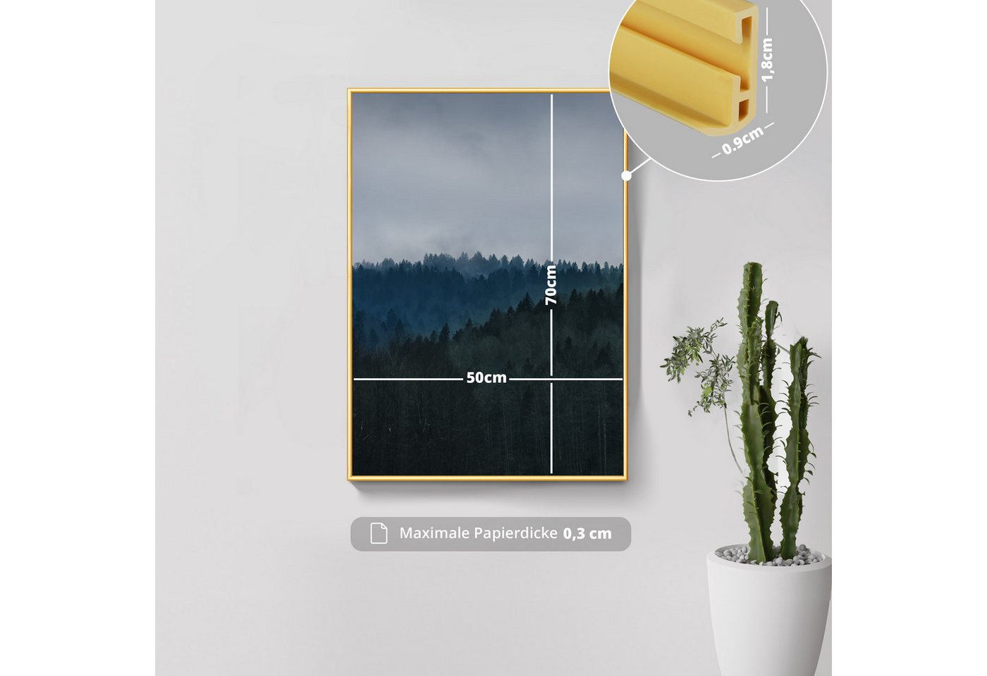 KHG Bilderrahmen 50x70 cm Gold, für 1 Bilder (stabile Glasfront & Kunststoff-Rahmen, 1 St), für Fotos, Poster, Zertifikate & Collagen, Steckanbringung für Hoch- und Querformat Bild 5
