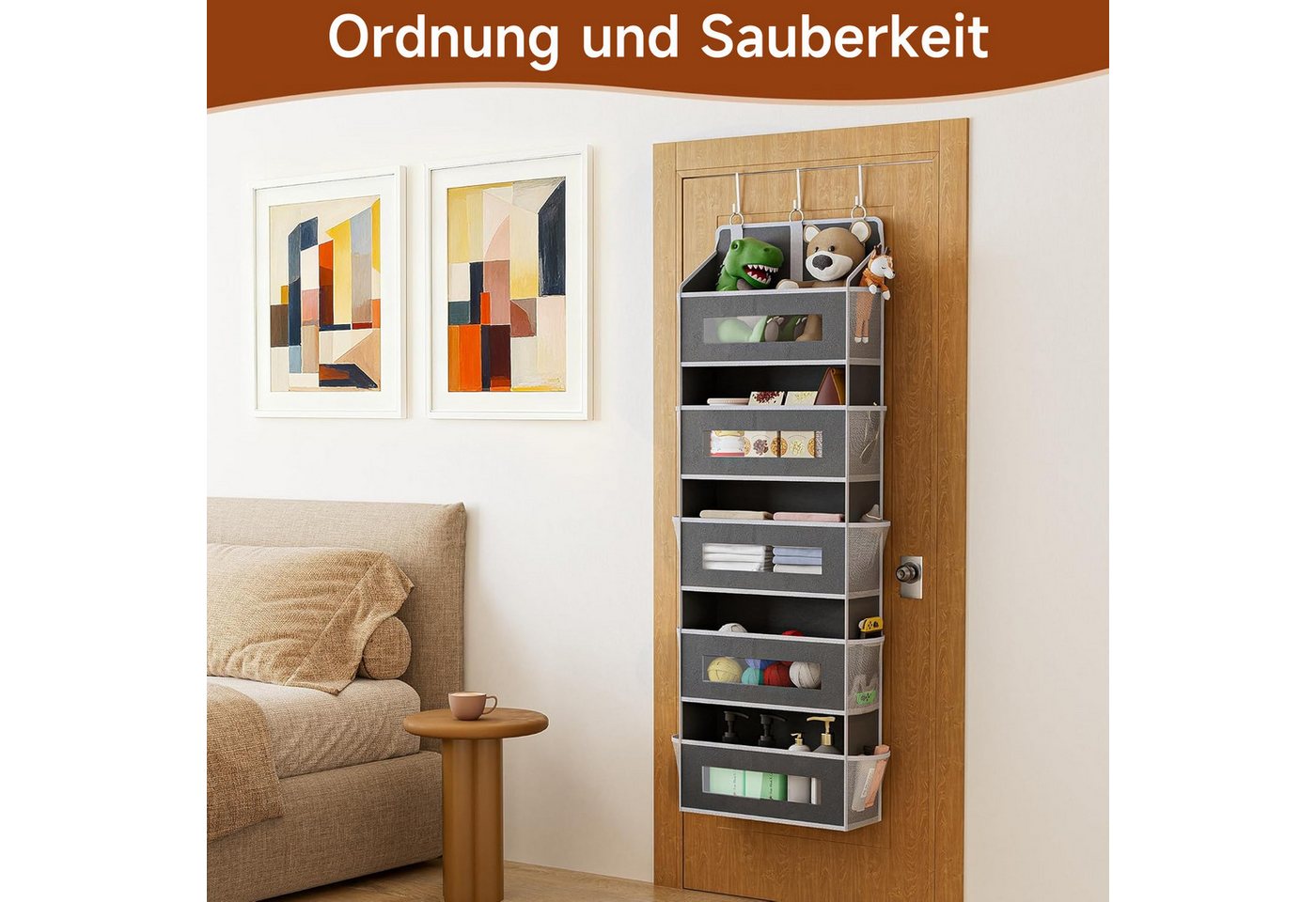 OSTWOLKE Hängeregal Organizer Türorganizer Hängeorganizer mit 5 Fächern Türregal, Hängetasche mit 10 Mesh-Seitentaschen & klaren Fenstern, 3 Metallhaken