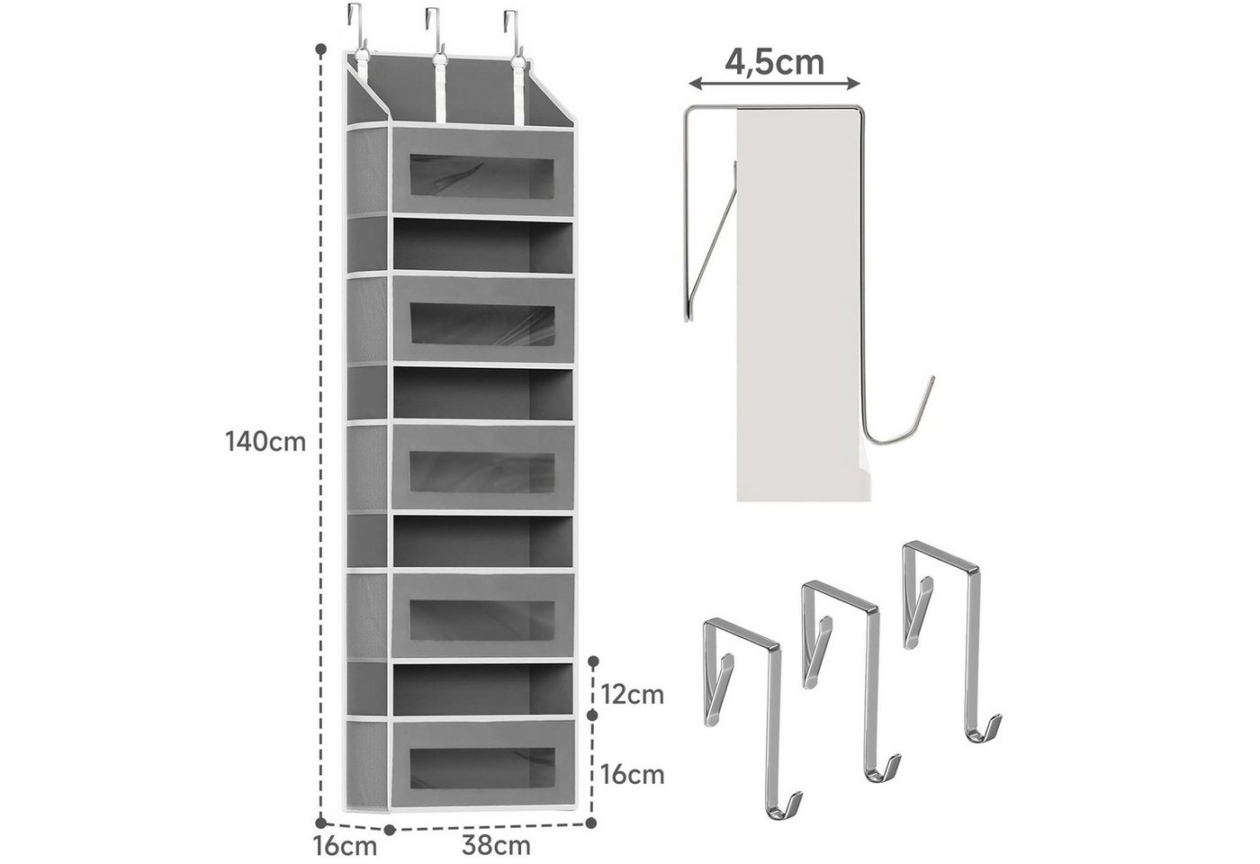 OSTWOLKE Hängeregal Organizer Türorganizer Hängeorganizer mit 5 Fächern Türregal, Hängetasche mit 10 Mesh-Seitentaschen & klaren Fenstern, 3 Metallhaken Bild 5