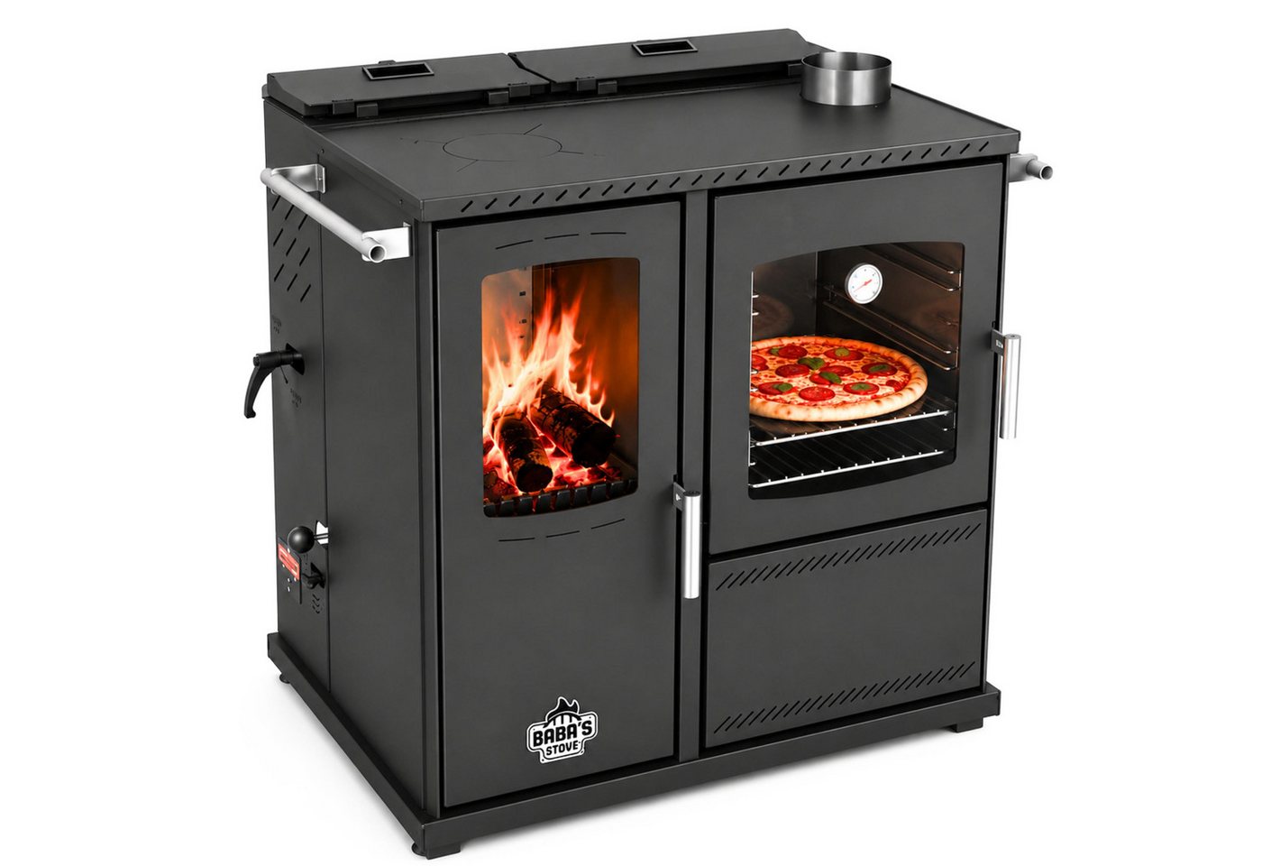 Baba's Kaminofen Hybridofen Pellets und Holz Kombiofen mit Backfach mit Herdplatte, 10 kW, Dauerbrand, Dauerbrandofen, Pelletofen ohne Strom Holzofen Holz Ofen Kamin