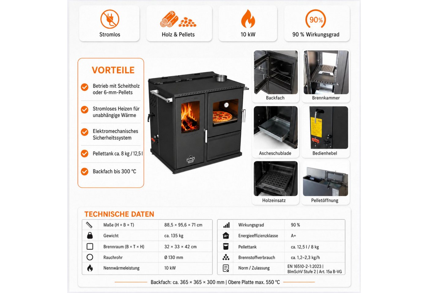 Baba's Kaminofen Hybridofen Pellets und Holz Kombiofen mit Backfach mit Herdplatte, 10 kW, Dauerbrand, Dauerbrandofen, Pelletofen ohne Strom Holzofen Holz Ofen Kamin Bild 5