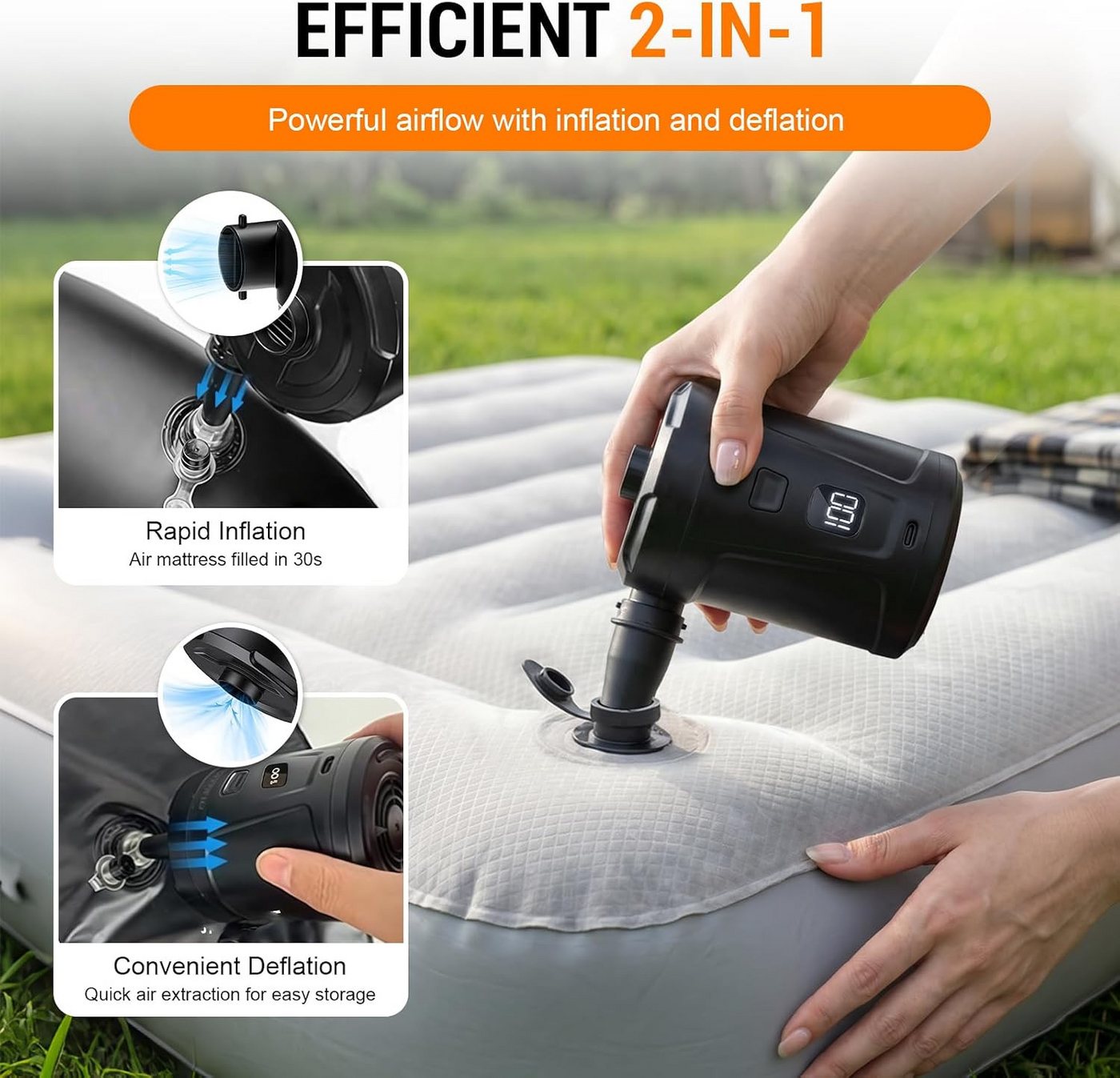 Fyrove Akku-Luftpumpe Elektrische Luftpumpe 5200mAh Pumpe Akku mit 4 Düsen (wiederaufladbare Mini-Akku-Luftpumpe, 400L/min Schnelles Aufblasen Luftmatratzenpumpe), Tragbare Luftmatratzenpumpe für Pool Schwimmer, Camping, Typ-C