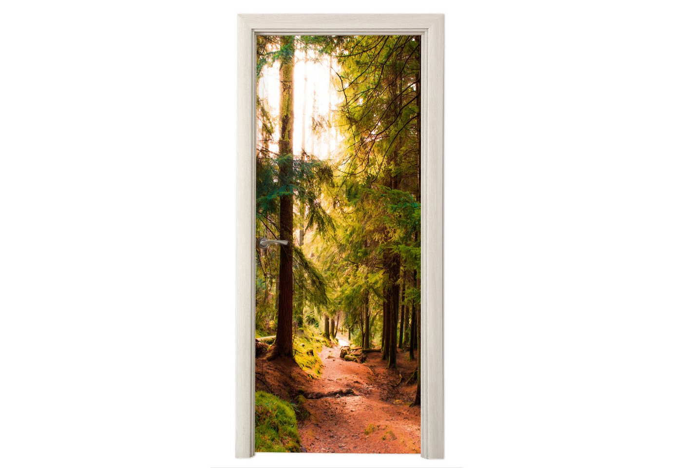 MuchoWow Türtapete Wald - Weg - Bäume - Grün - Sonne - Natur, Matt, bedruckt, (1 St), Selbstklebende Tapete, Folie für Möbel, 70x215 cm
