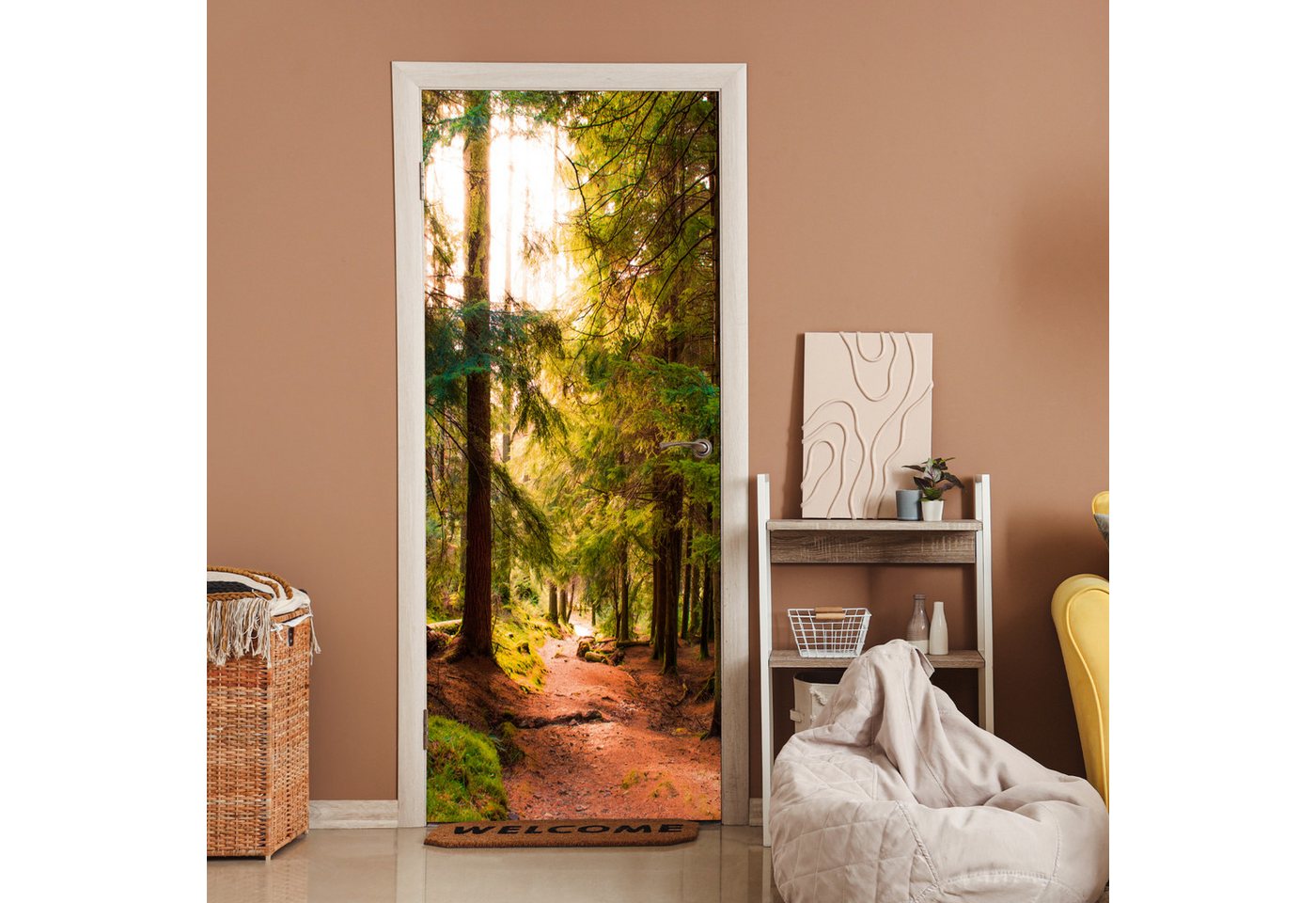 MuchoWow Türtapete Wald - Weg - Bäume - Gr ün - Sonne - Natur, Matt, bedruckt, (1 St), Selbstklebende Tapete, Folie für Möbel, 70x215 cm Bild 3