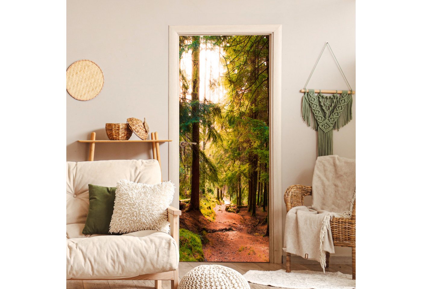 MuchoWow Türtapete Wald - Weg - Bäume - Grün - Sonne - Natur, Matt, bedruckt, (1 St), Selbstklebende Tapete, Folie für Möbel, 70x215 cm Bild 4