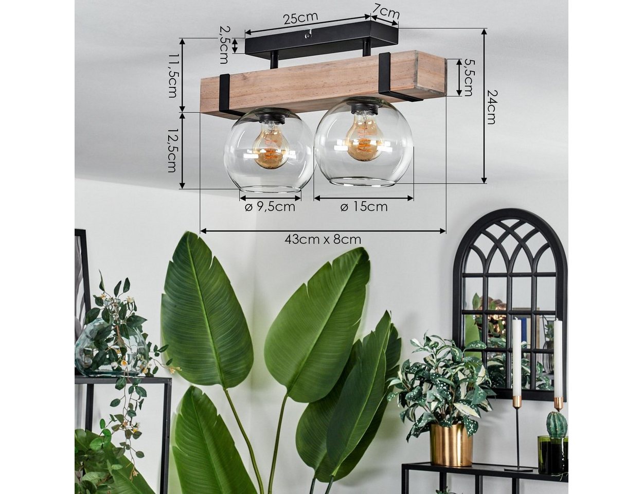 hofstein Deckenleuchte Deckenlampe aus Metall/Holz/Glas in Schwarz/Natur/Klar, ohne Leuchtmittel, mit Glasschirmen (15 cm), 2x E27, ohne Leuchtmittel Bild 3