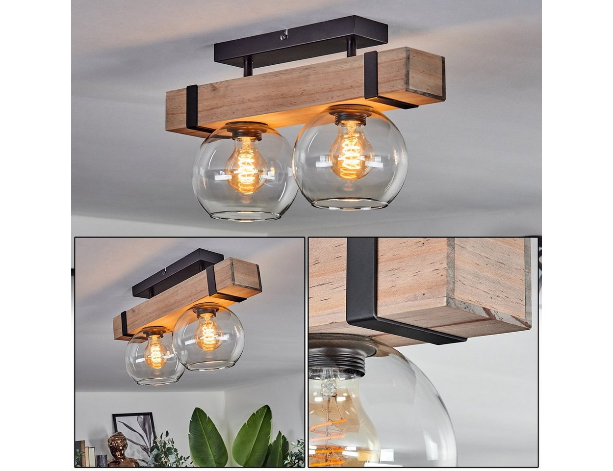 hofstein Deckenleuchte Deckenlampe aus Metall/Holz/Glas in Schwarz/Natur/Klar, ohne Leuchtmittel, mit Glasschirmen (15 cm), 2x E27, ohne Leuchtmittel Bild 4