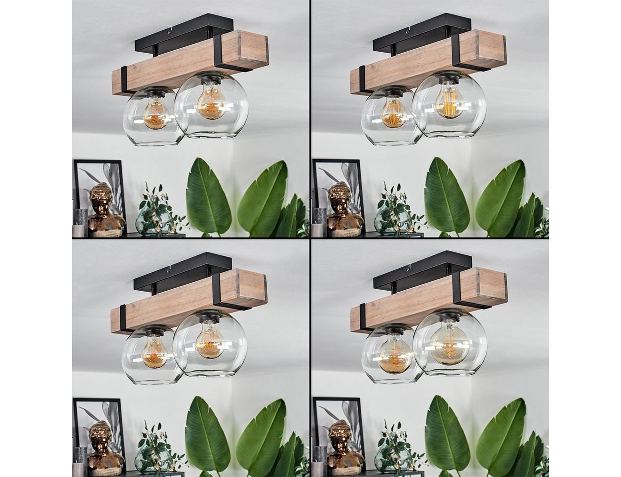 hofstein Deckenleuchte Deckenlampe aus Metall/Holz/Glas in Schwarz/Natur/Klar, ohne Leuchtmittel, mit Glasschirmen (15 cm), 2x E27, ohne Leuchtmittel Bild 5