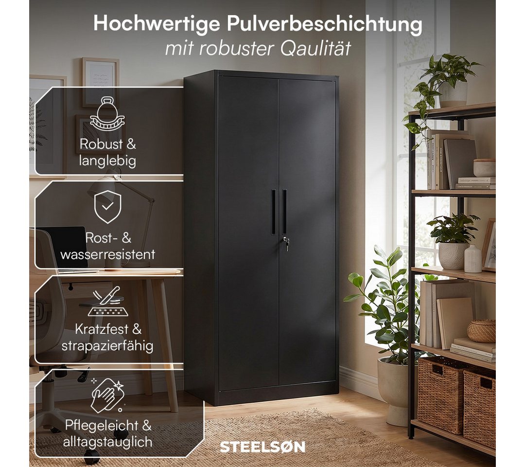 STEELSØN Aktenschrank Regulus aus Stahl, abschließbar (Schwarz) Spindschrank mit 4 höhenverstellbaren Einlegeböden, inkl. Schloss