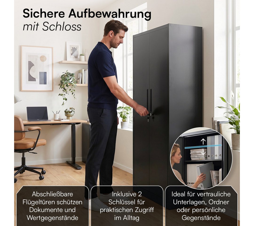 STEELSØN Aktenschrank Regulus aus Stahl, abschließbar (Schwarz) Spindschrank mit 4 höhenverstellbaren Einlegeböden, inkl. Schloss Bild 2