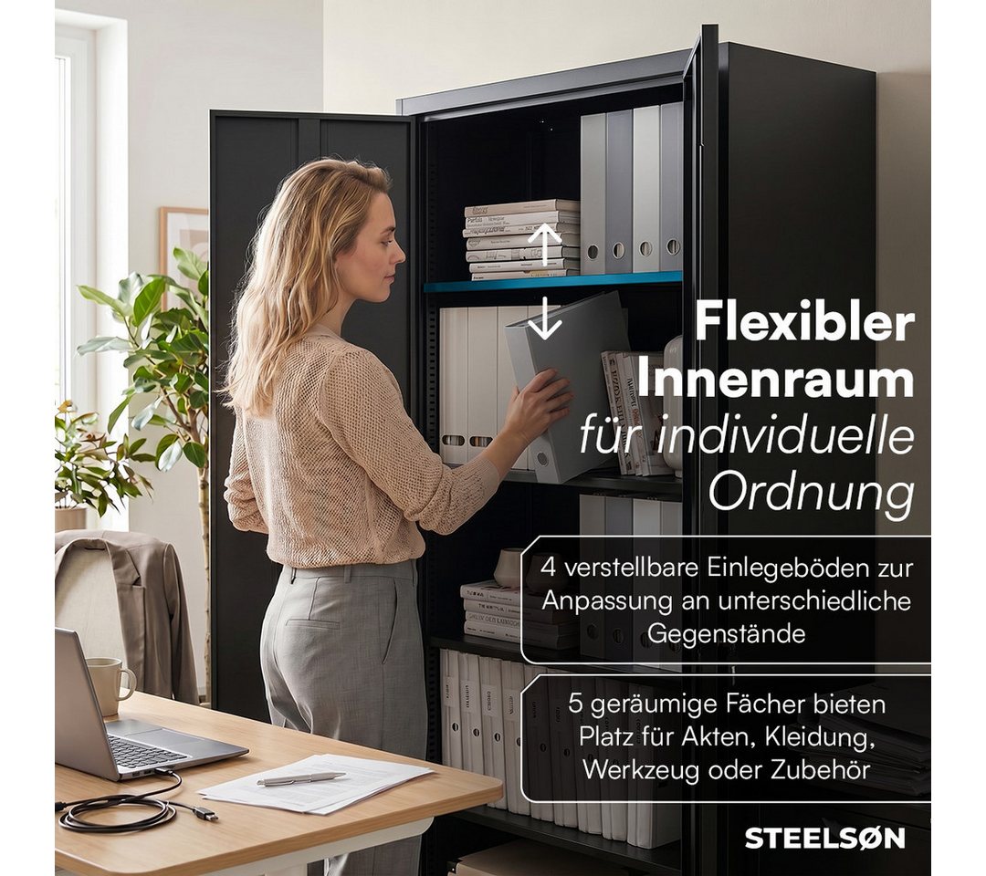STEELSØN Aktenschrank Regulus aus Stahl, abschließbar (Schwarz) Spindschrank mit 4 höhenverstellbaren Einlegeböden, inkl. Schloss Bild 5