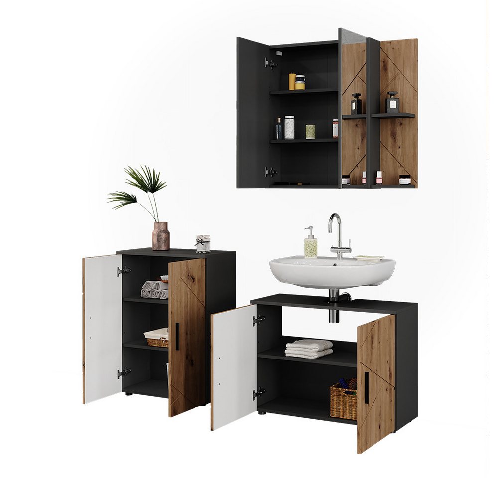Vicco Badmöbel-Set Irma, Anthrazit/Goldkraft Eiche, 3 Teile, (3-St., 3er Set)