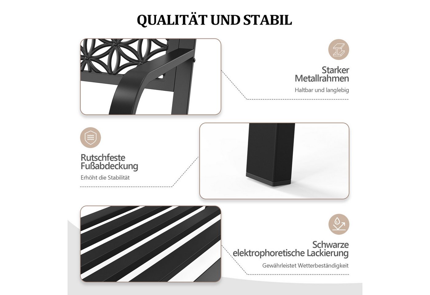 Bonnlo Gartenbank mit Rückenlehne, Metall Retro-Stil, 2-3 Sitzer, Schwarz (1-St), Wetterfest und rostbeständig Bild 2
