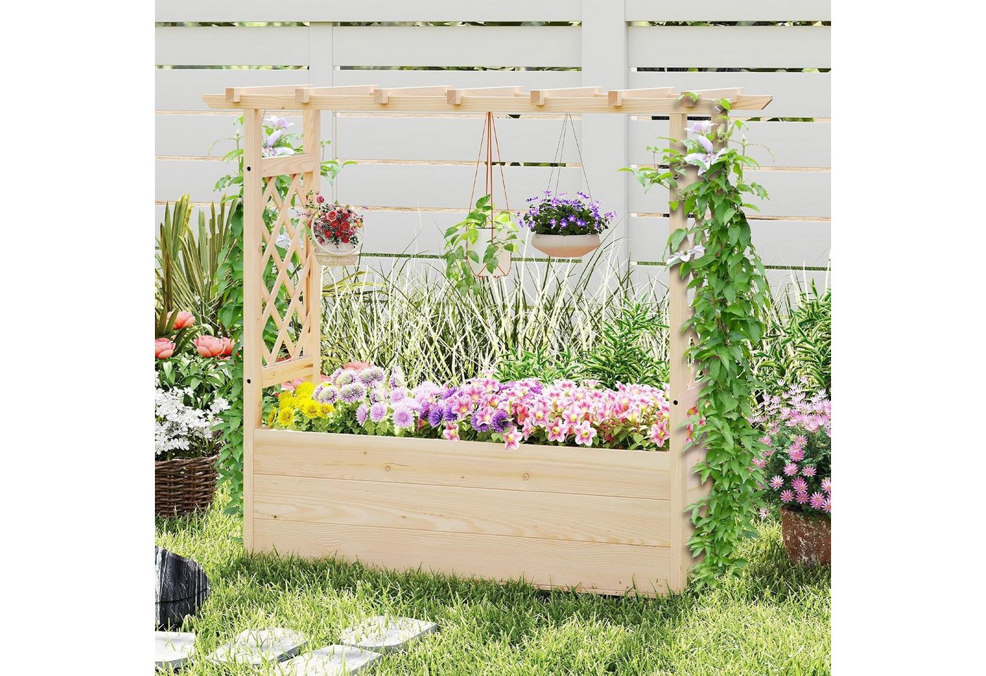 KOMFOTTEU Blumenkasten, Pflanzkasten mit Rankgitter, hängendem Dach & Ablauflöchern
